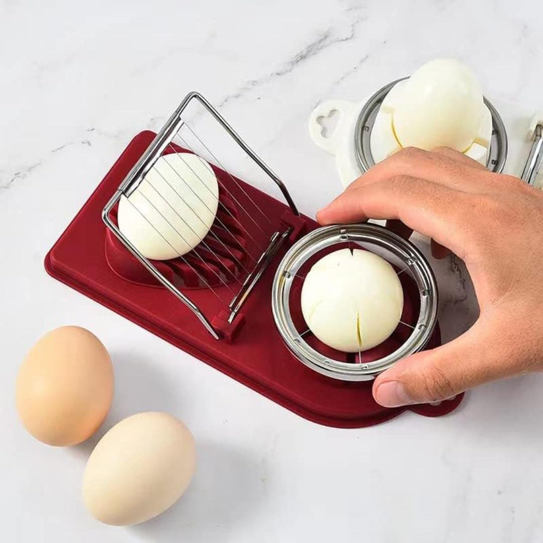 A Person is Cutting Egg Using Egg Cutter Kitchen Gadgets.