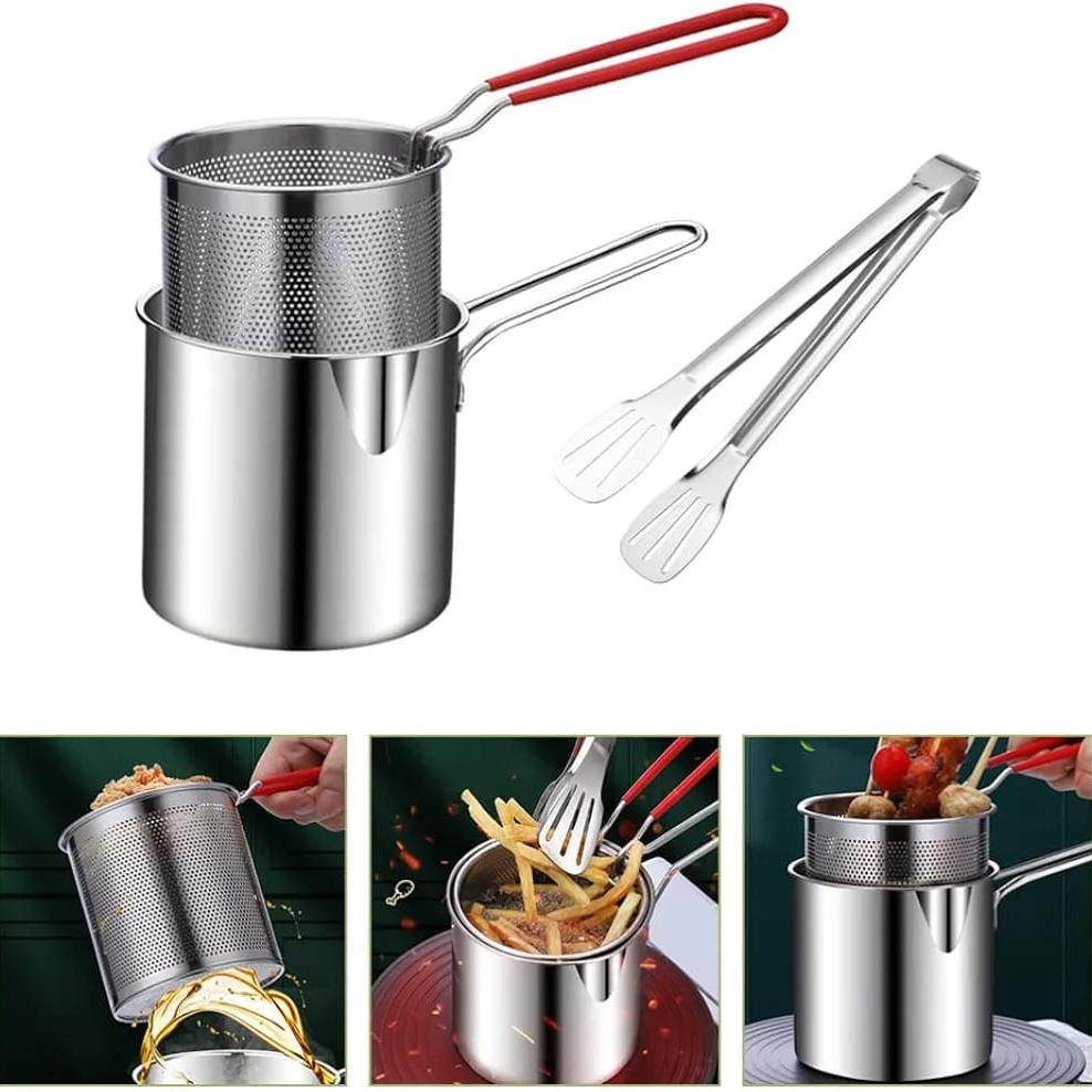 A Deep Frying Pot Strainer with Basket and Clip.