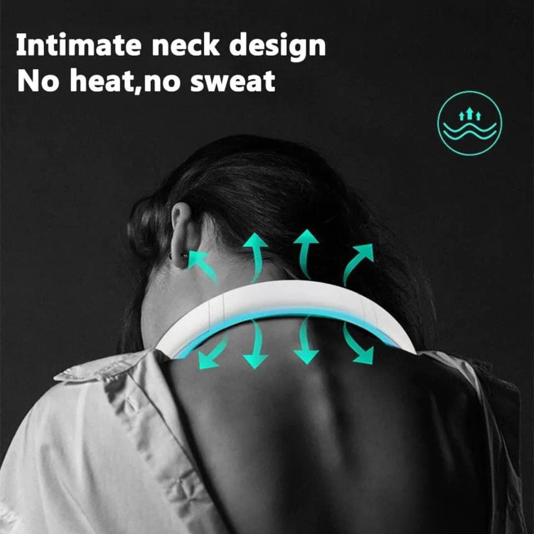 A Women Wearing Vaneles Hanging Neck Fan.
