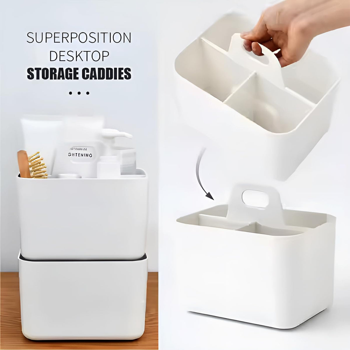 A Person is holding Desk Organizer and stacked above another.