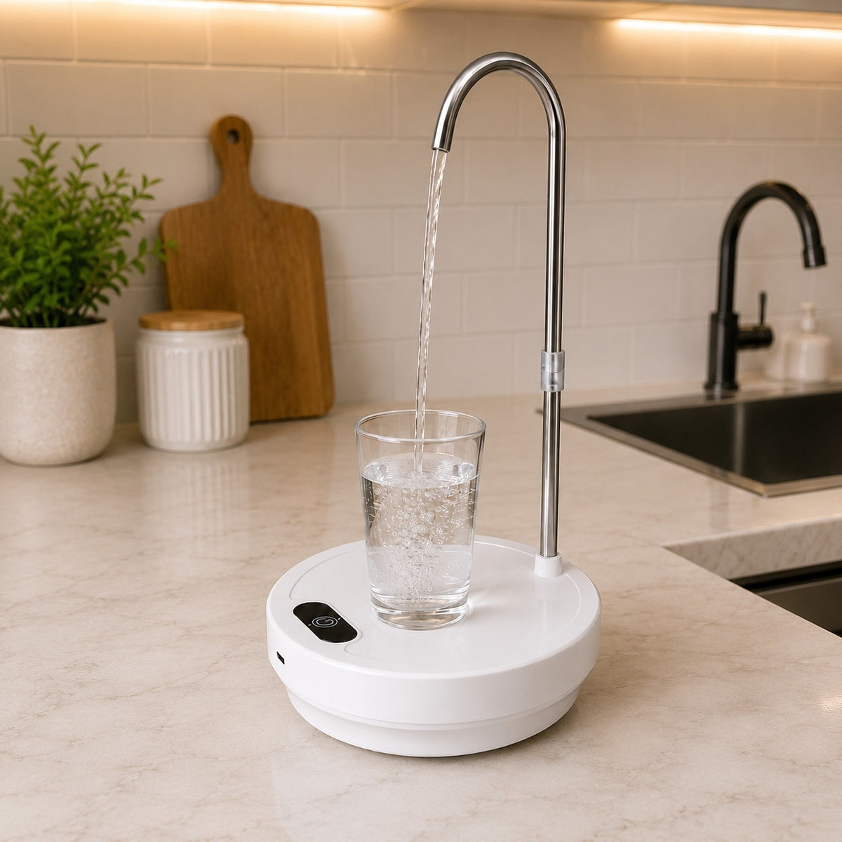 A white electric water dispenser with a curved stainless steel spout pouring water into a clear glass on a marble kitchen countertop.