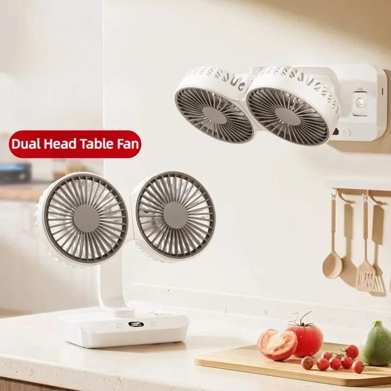 Double Headed Desktop Wall Mounted Fan Placed in a Kitchen Countertop and Wall.