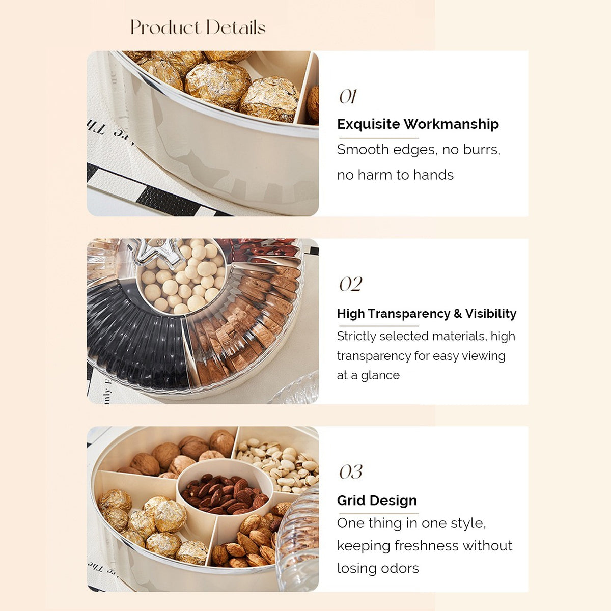 Multi-Layer Snack Storage Container With Lid Having Dried Fruits.