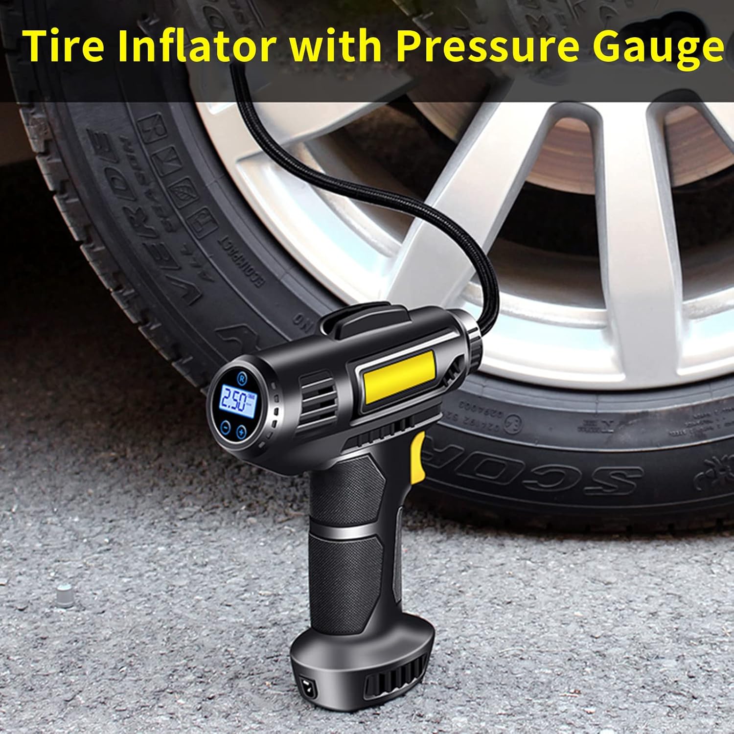 A  Digital Air Compressor Pump Is Connected to Car Tire.
