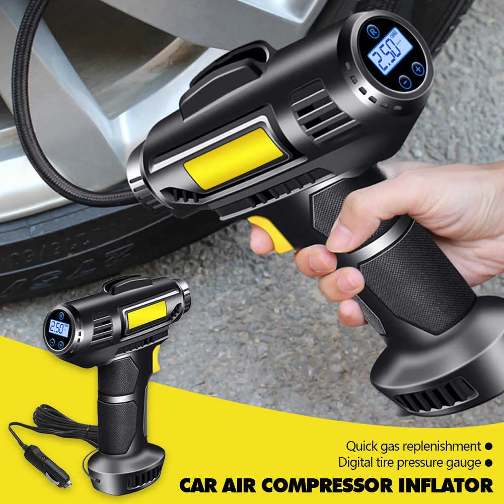 A Person is Inflating Tire Using  Digital Air Compressor Pump.
