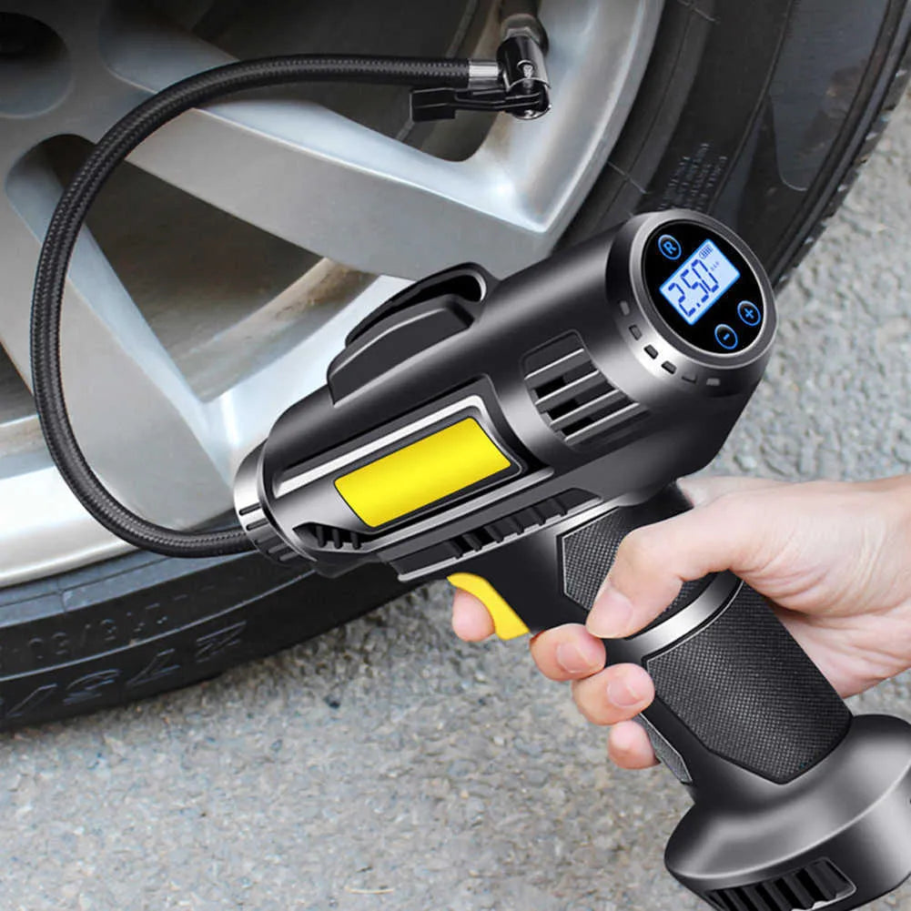 A Person is Inflating Tire Using  Digital Air Compressor Pump.