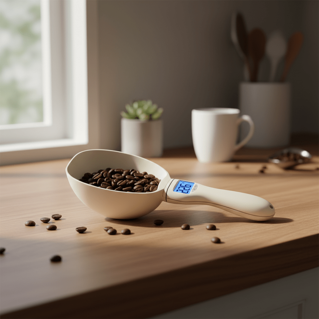 A Digital Measuring Spoon Scale filled with roasted coffee beans sits on a wooden countertop in a kitchen setting, with a mug, utensils, and a window in the softly blurred background.