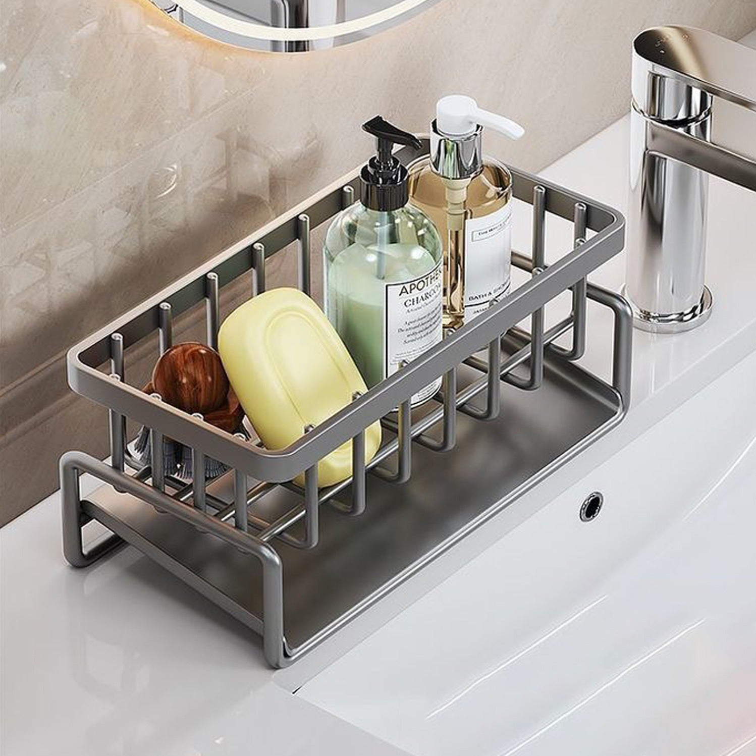 Rustproof Stainless Steel Sink Organizer Rack with some items in it
