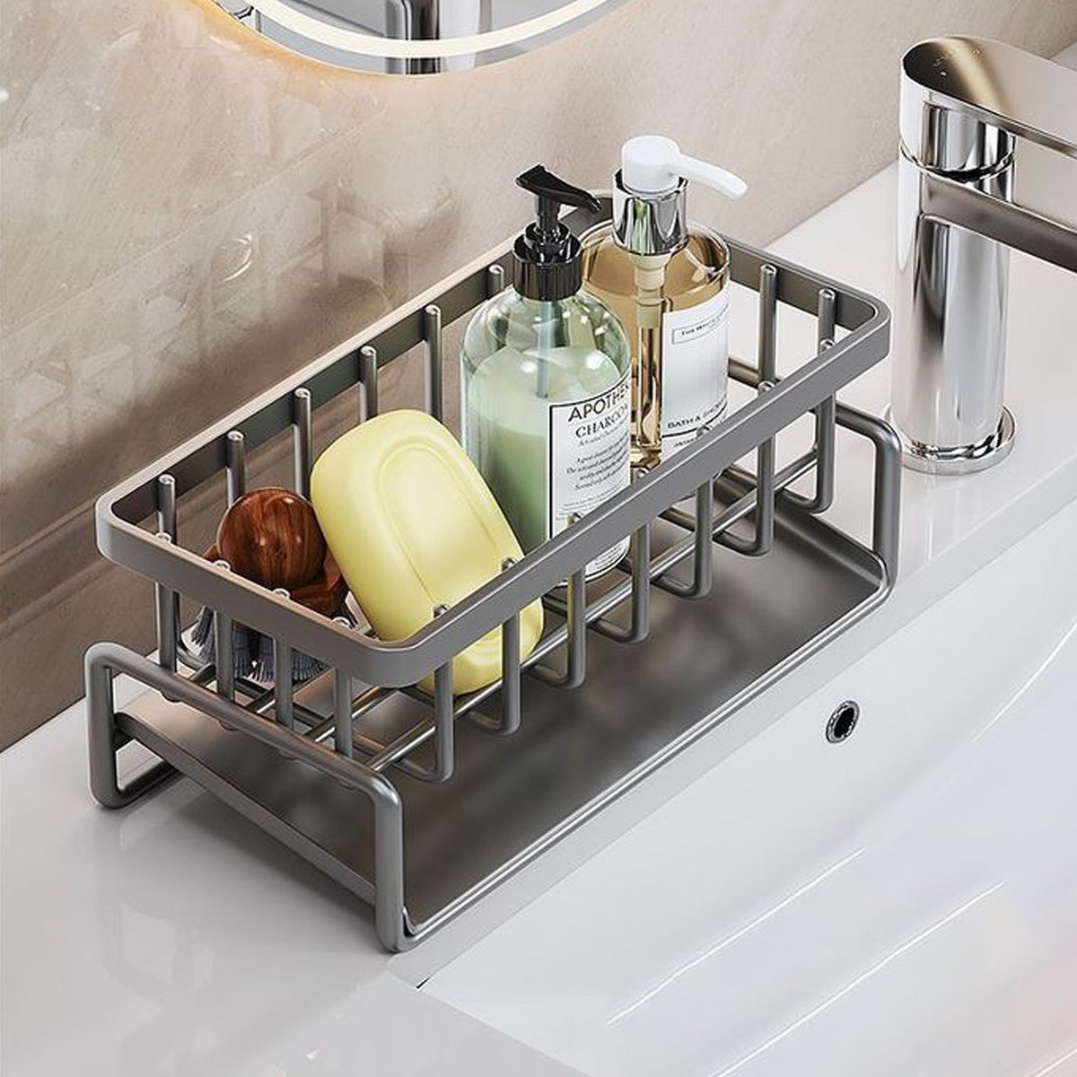 Rustproof Stainless Steel Sink Organizer Rack Soap and Hand Wash in it
