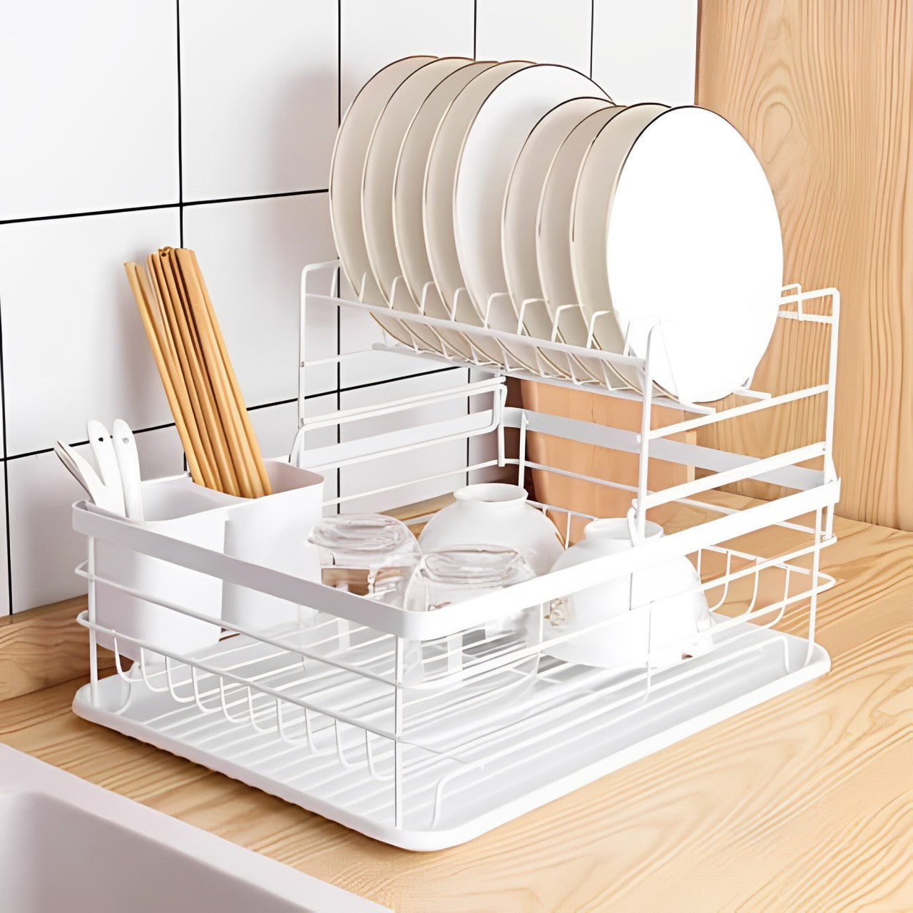 Countertop Dish Storage Holder With Dishes.