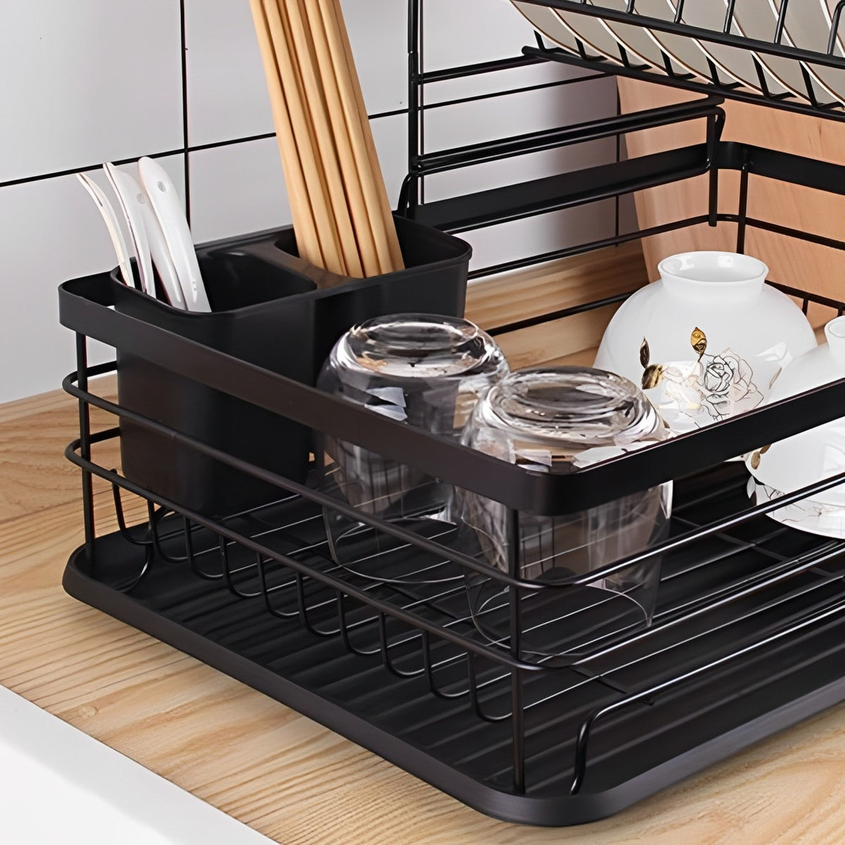 Dish Drying Rack With Glasses and Cutleries.