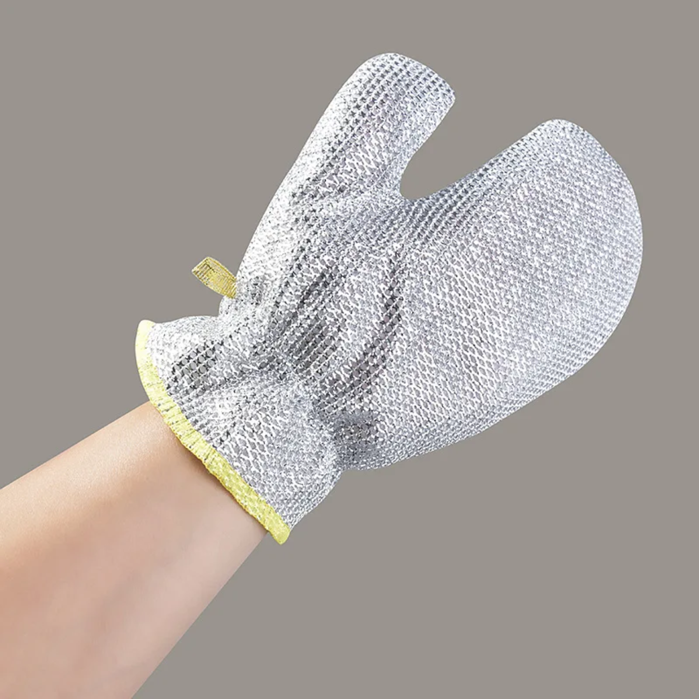 A Person is Wearing Dishwashing Kitchen Cleaning Wire Gloves.