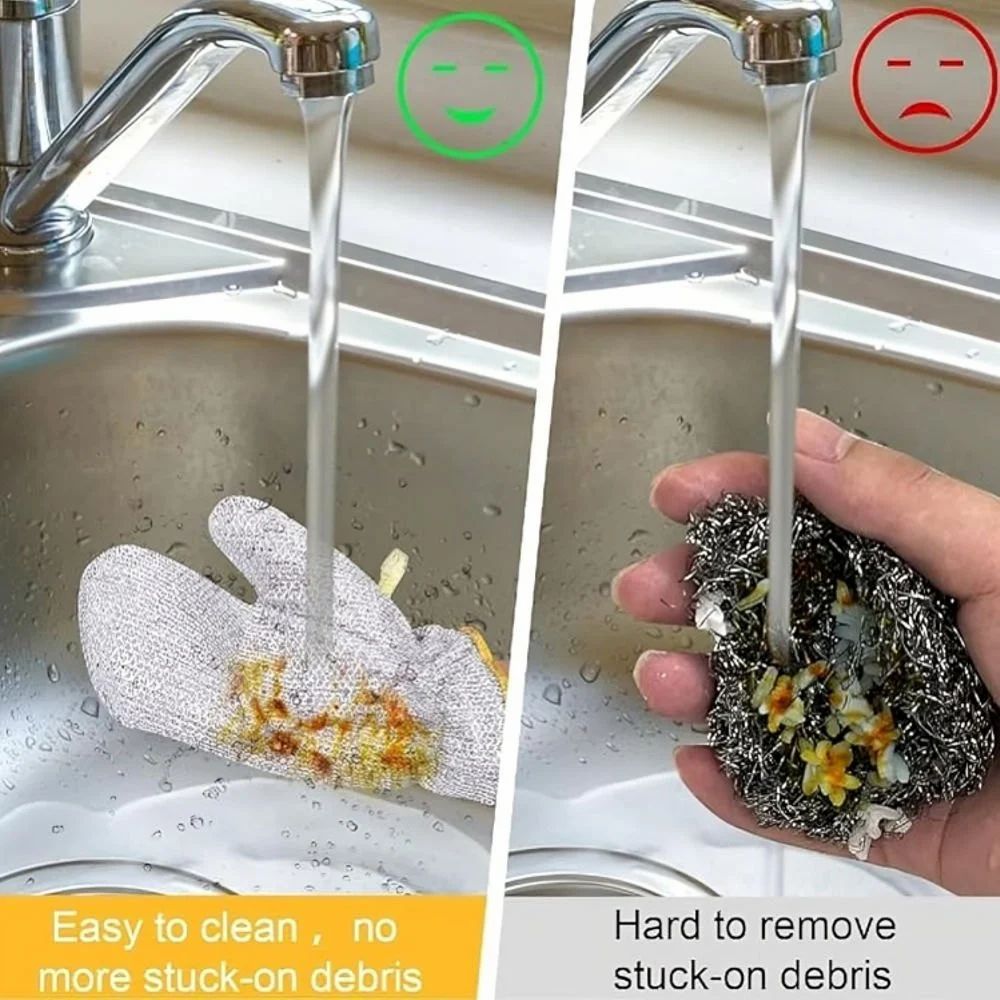 Comparson between the trapped dirt of normal scrubber and Dishwashing Kitchen Cleaning Wire Gloves.