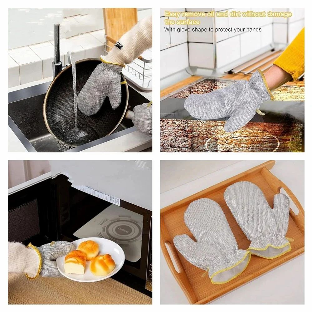 A Person is Demonstrating the Multi usage of Dishwashing Kitchen Cleaning Wire Gloves.