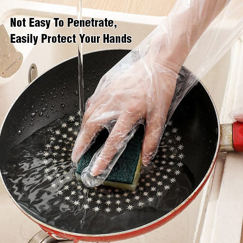 A Person is Washing Pan By Wearing Disposable Anti- Slip Wear Long Sleeve Glove.