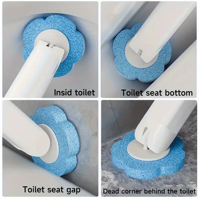 A four-panel collage showing a blue flower-shaped toilet cleaning brush attached to a white handle, demonstrating its use in different locations: inside the toilet, on the toilet seat bottom, in the toilet seat gap, and in the dead corner behind the toilet.