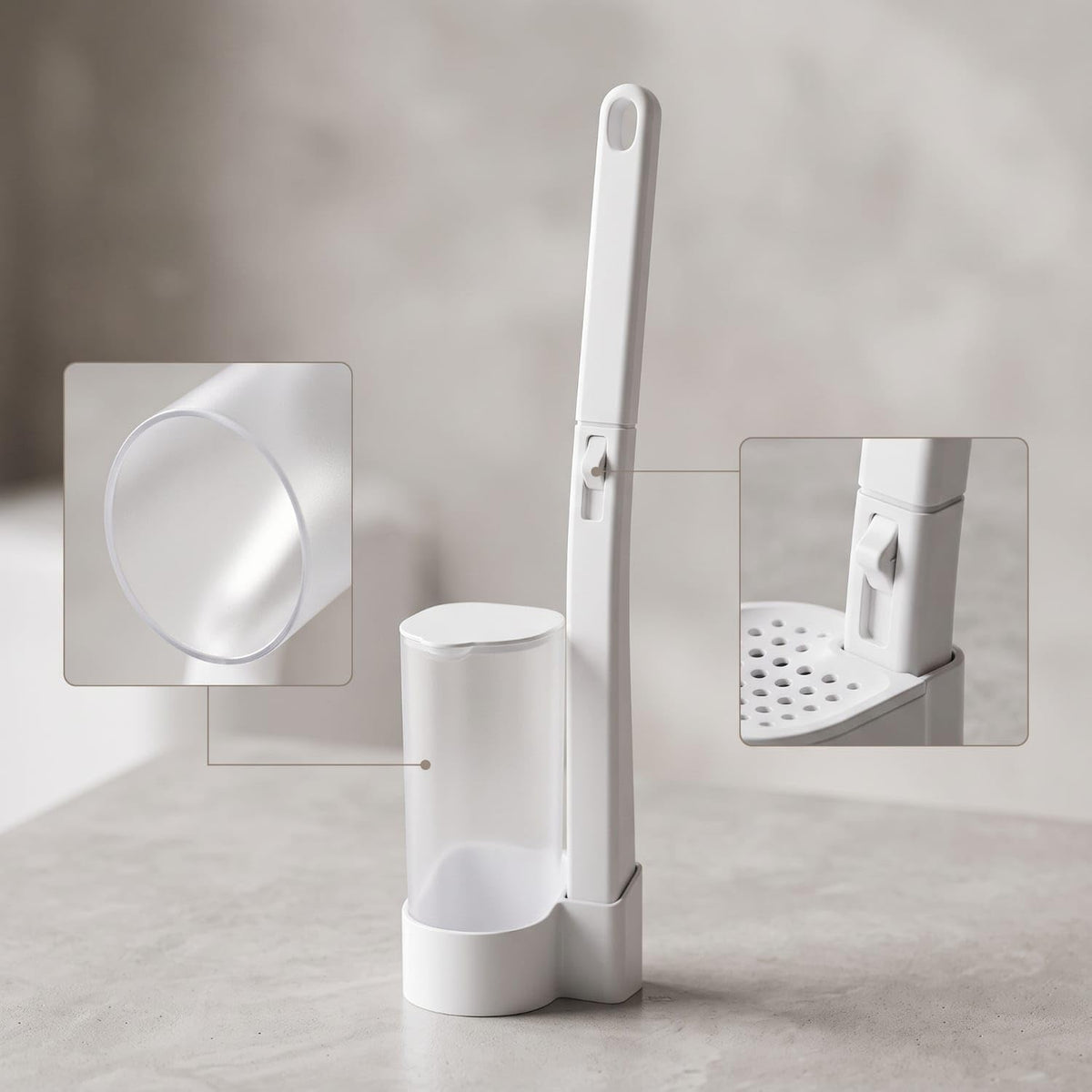 A white toilet brush with a matching holder and clear lid, shown on a light gray surface with two inset detail views highlighting the brush head and base mechanism.