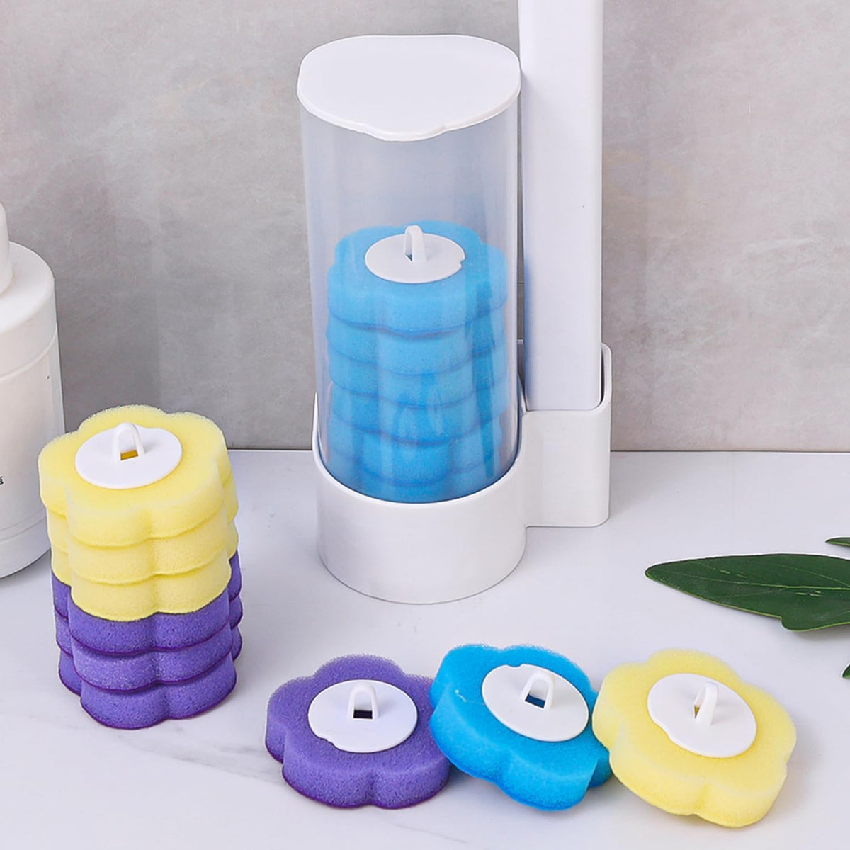 Disposable Head Toilet Cleaning Brush with Long Handle  Placed along with Multi-color brush heads.