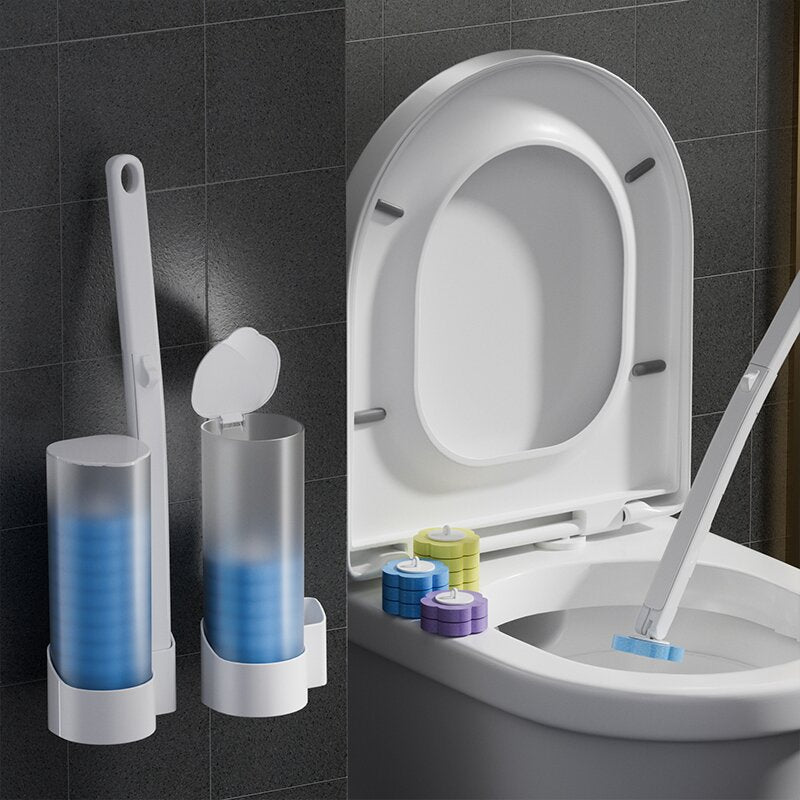 Disposable Head Toilet Cleaning Brush stand is hanged on the toilet wall and is used clean closet.