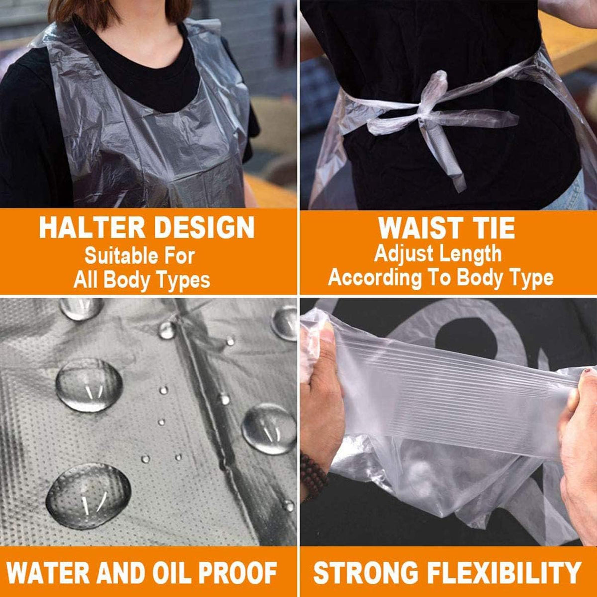 Disposable Waterproof Plastic Apron with halter design, waist tie, water and oil proof properties, and strong flexibility.