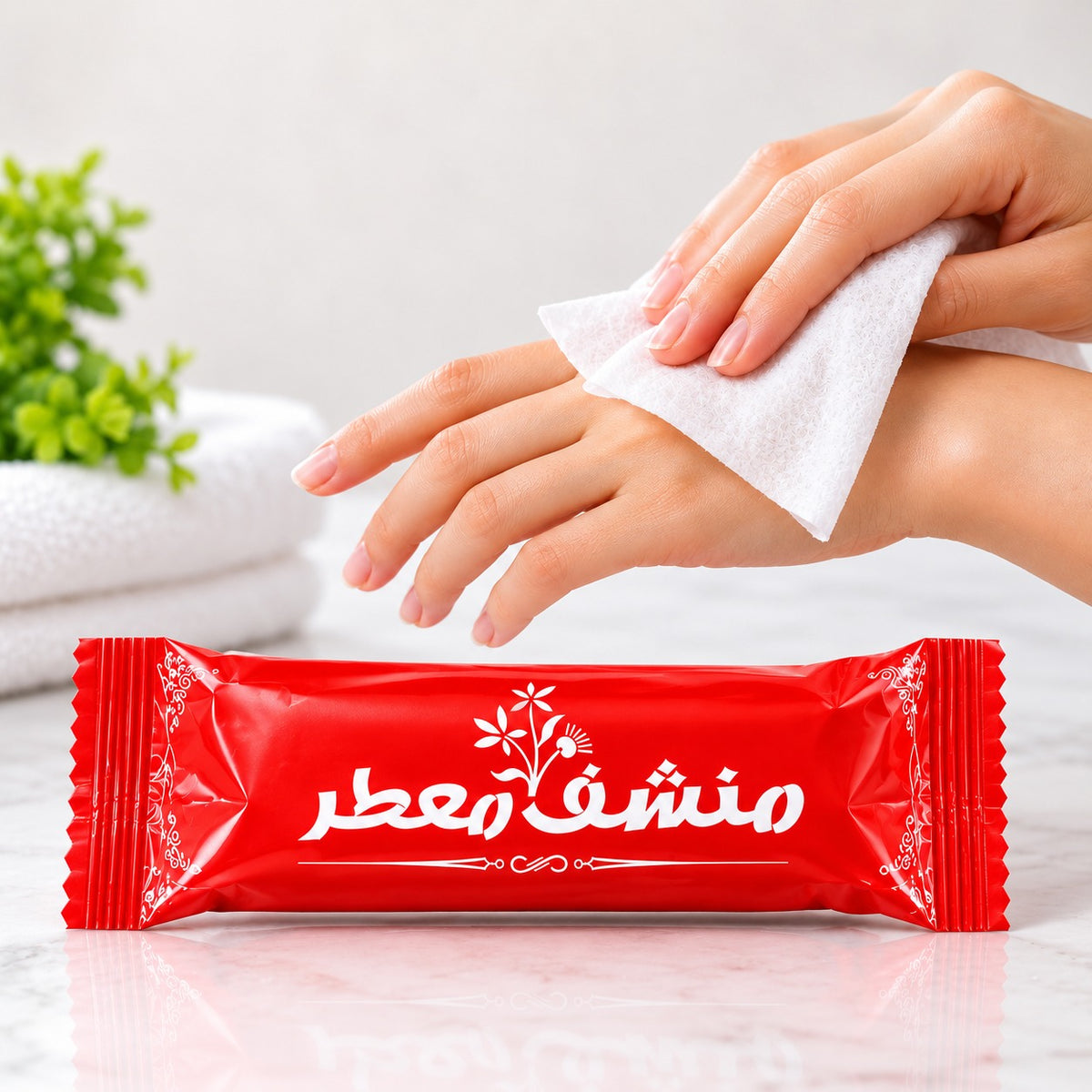A Person is wiping Disposable Scented Wet Towel Wipes on her hand and a pack of Disposable Scented Wet Towel Wipes Kept Beside.