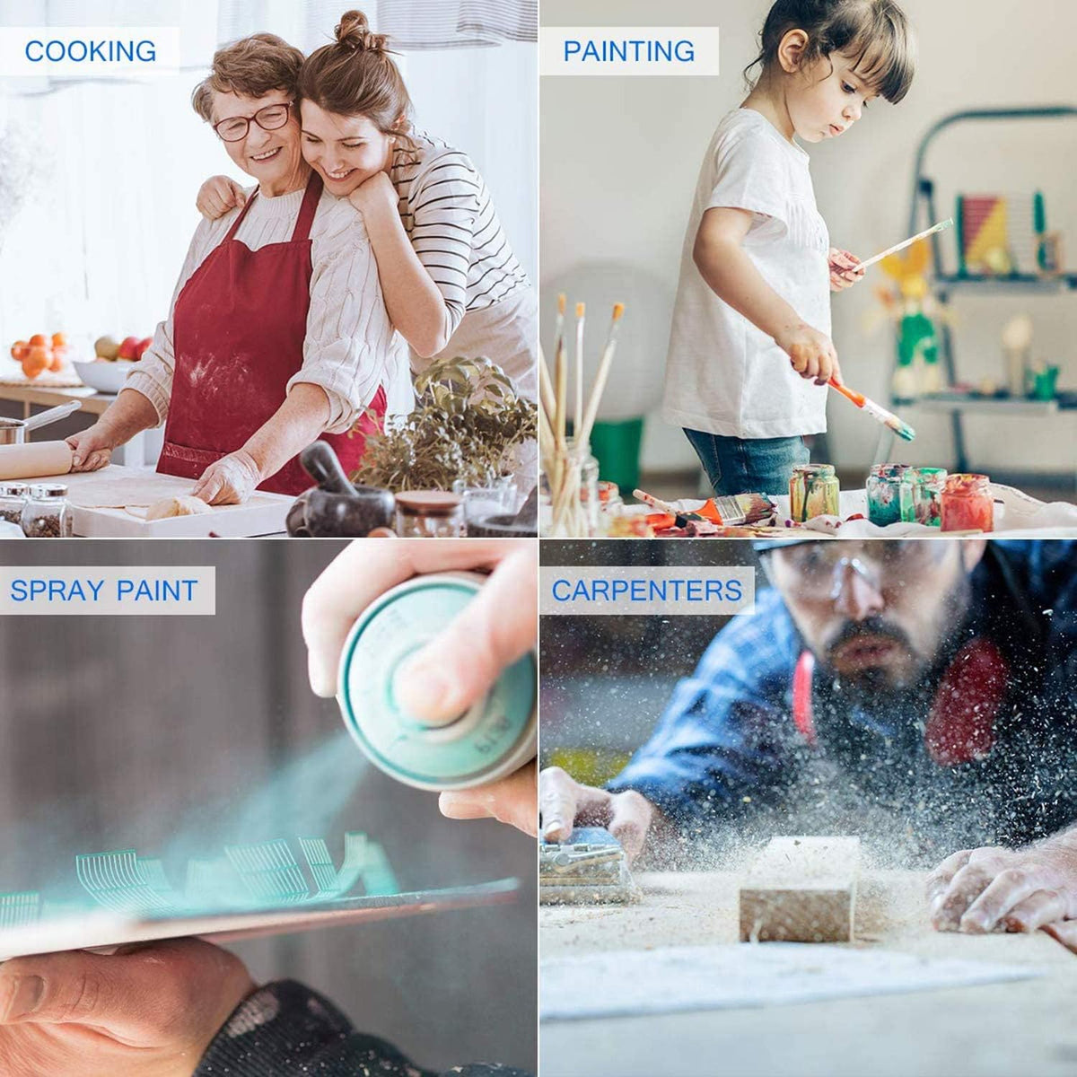 Collage of four images labeled 'Cooking', 'Painting', 'Spray Paint', and 'Carpenters' with people engaged in respective activities shows the different usage of Disposable Waterproof Plastic Apron.