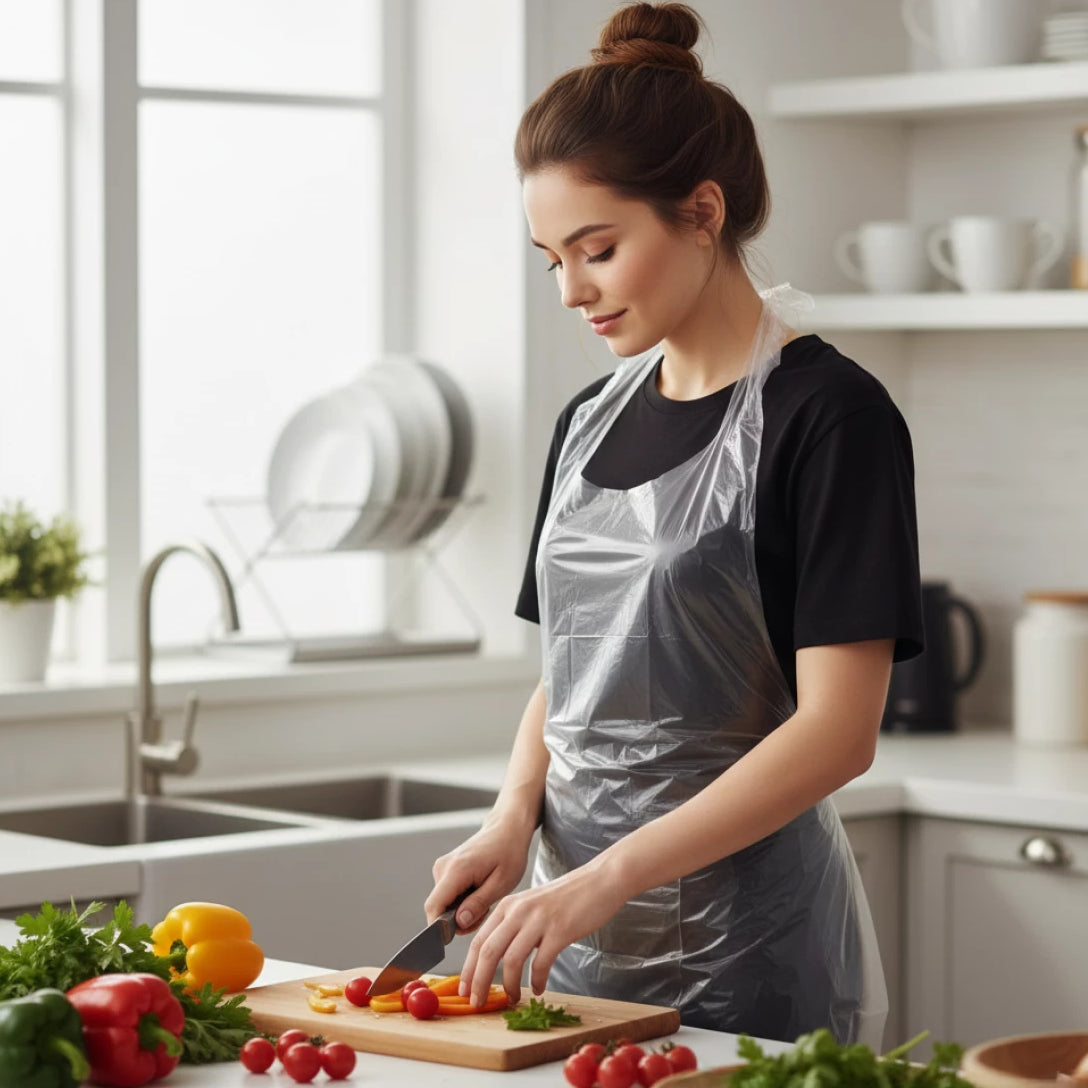 Woman wearing Disposable Waterproof Plastic Apron and  preparing vegetables in a kitchen