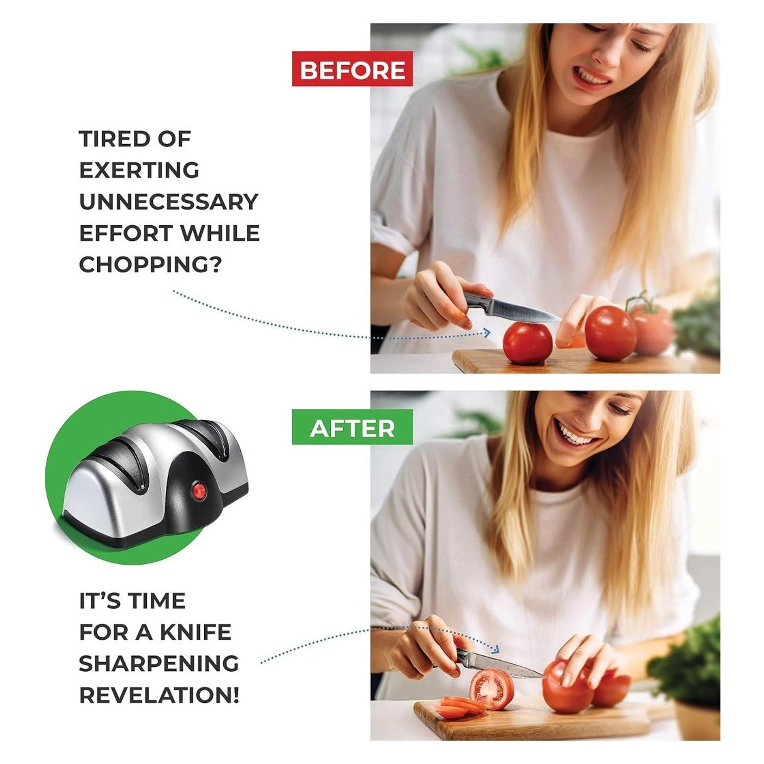 A before-and-after comparison showing a woman struggling to cut tomatoes with a dull knife, then easily slicing after using an electric knife sharpener, highlighting improved cutting performance.