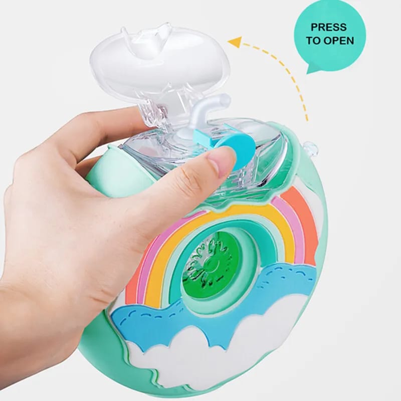 A Person is Pressing The Button Of Donut-Shaped Kids Drinking Bottle .