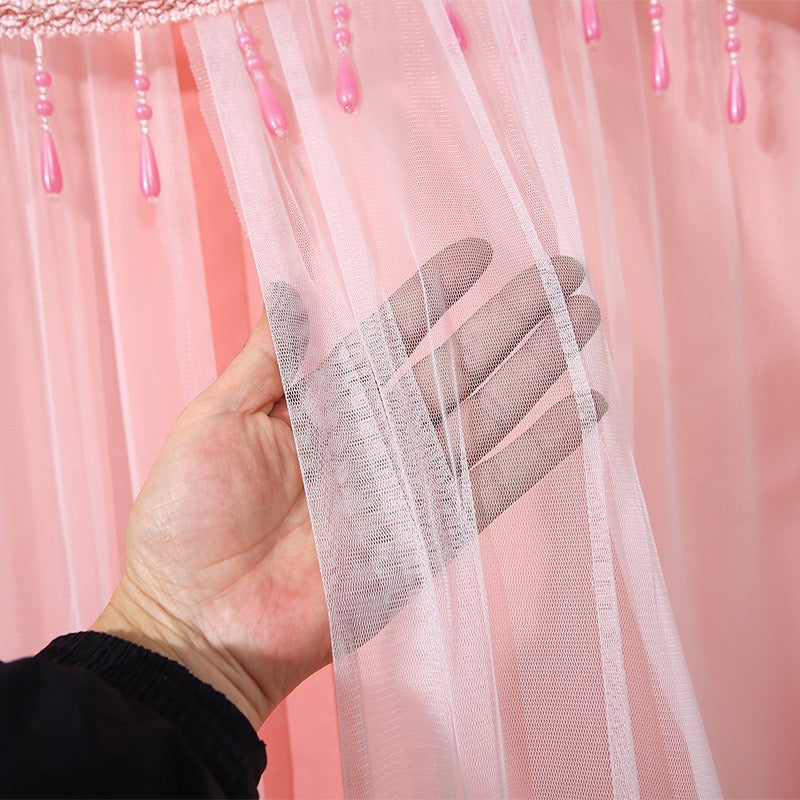 A Person is Holding Double-Layered Lace Curtain.