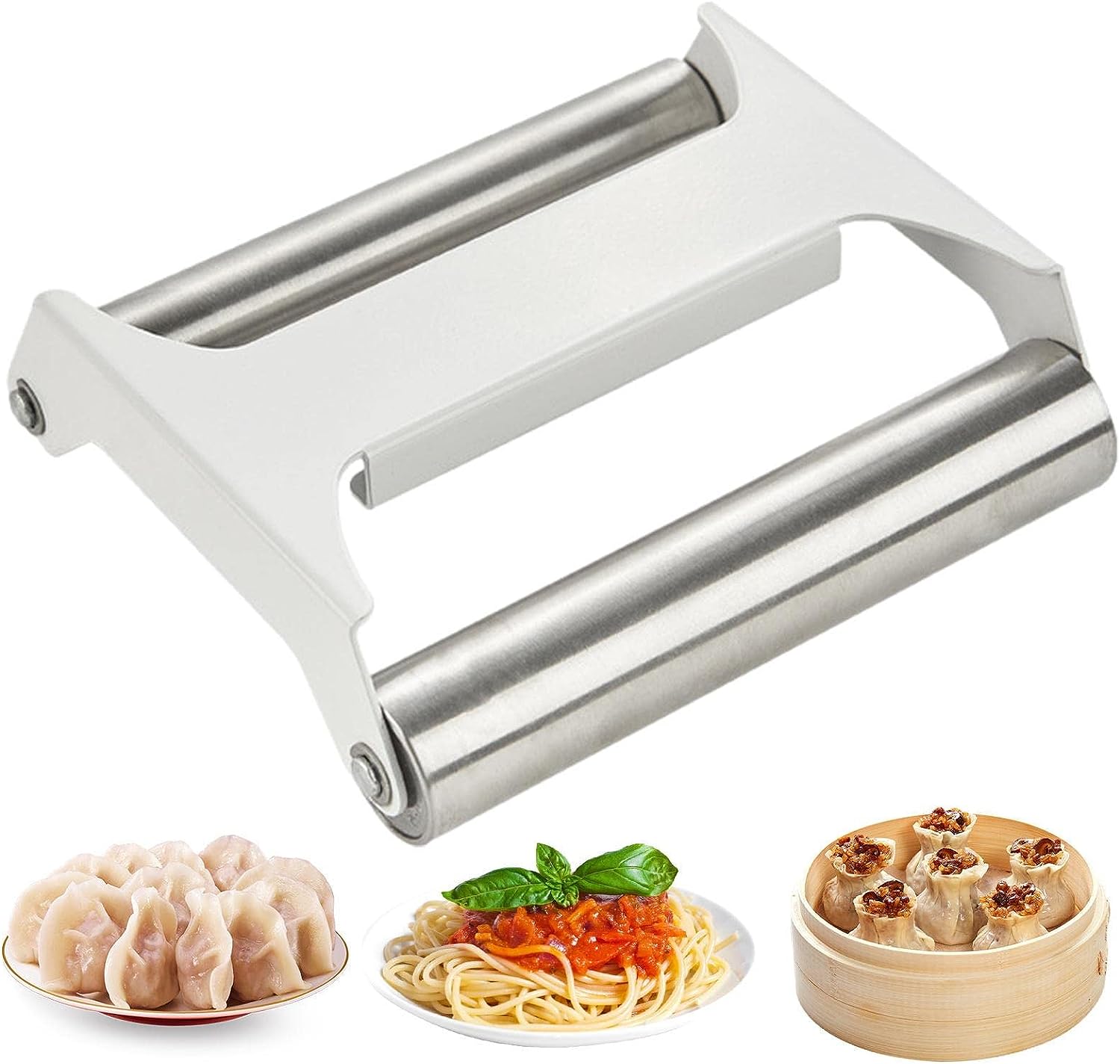 Double-Sided Stainless Steel Dough Roller for Baking next to some foods