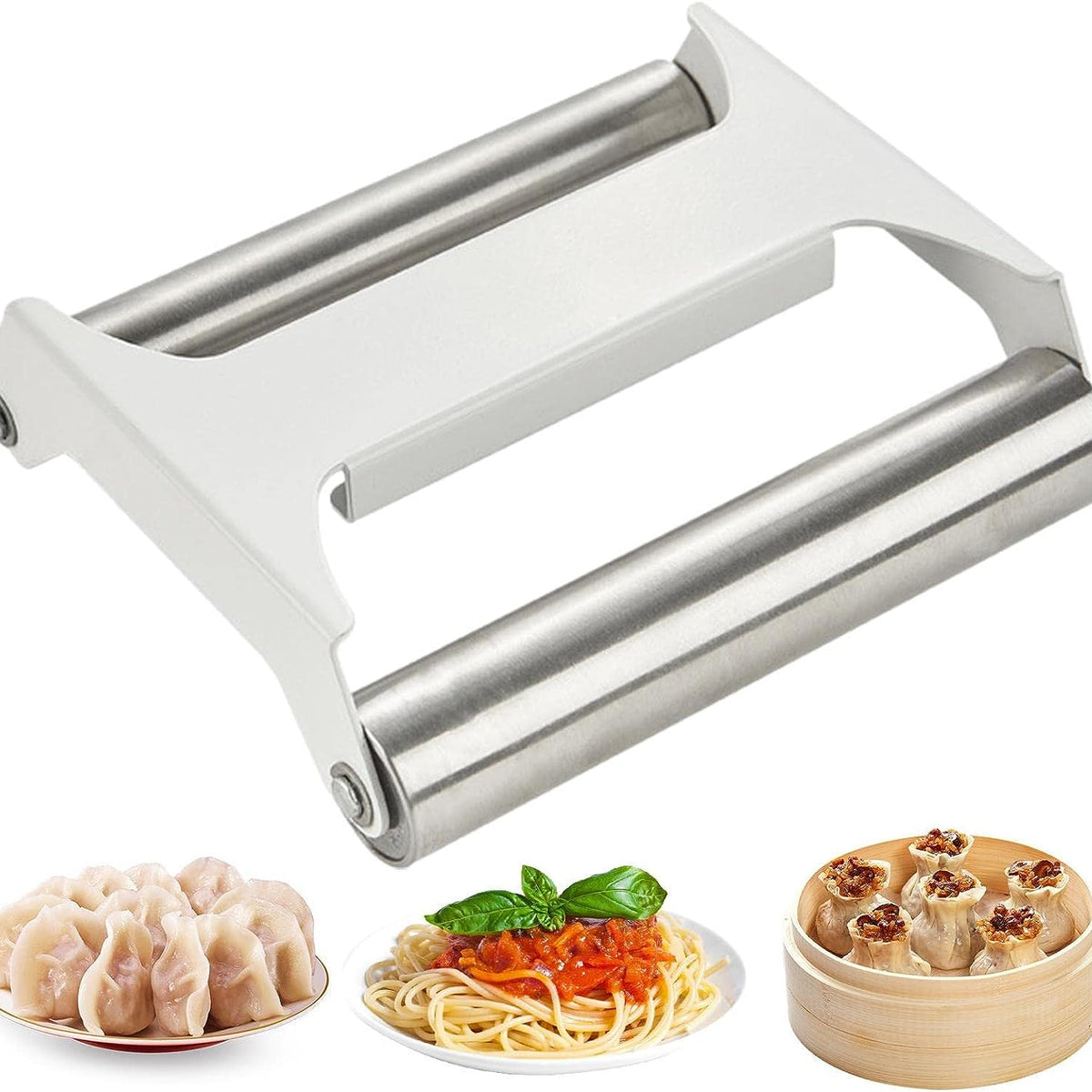 Double-Sided Stainless Steel Dough Roller for Baking next to some foods
