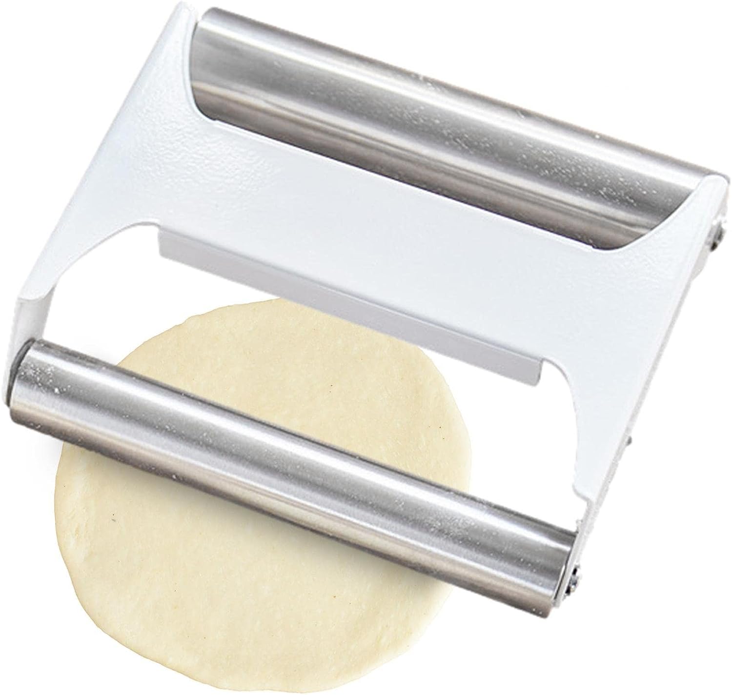 Rolling out Dumplings dough using the Double-Sided Stainless Steel Dough Roller for Baking