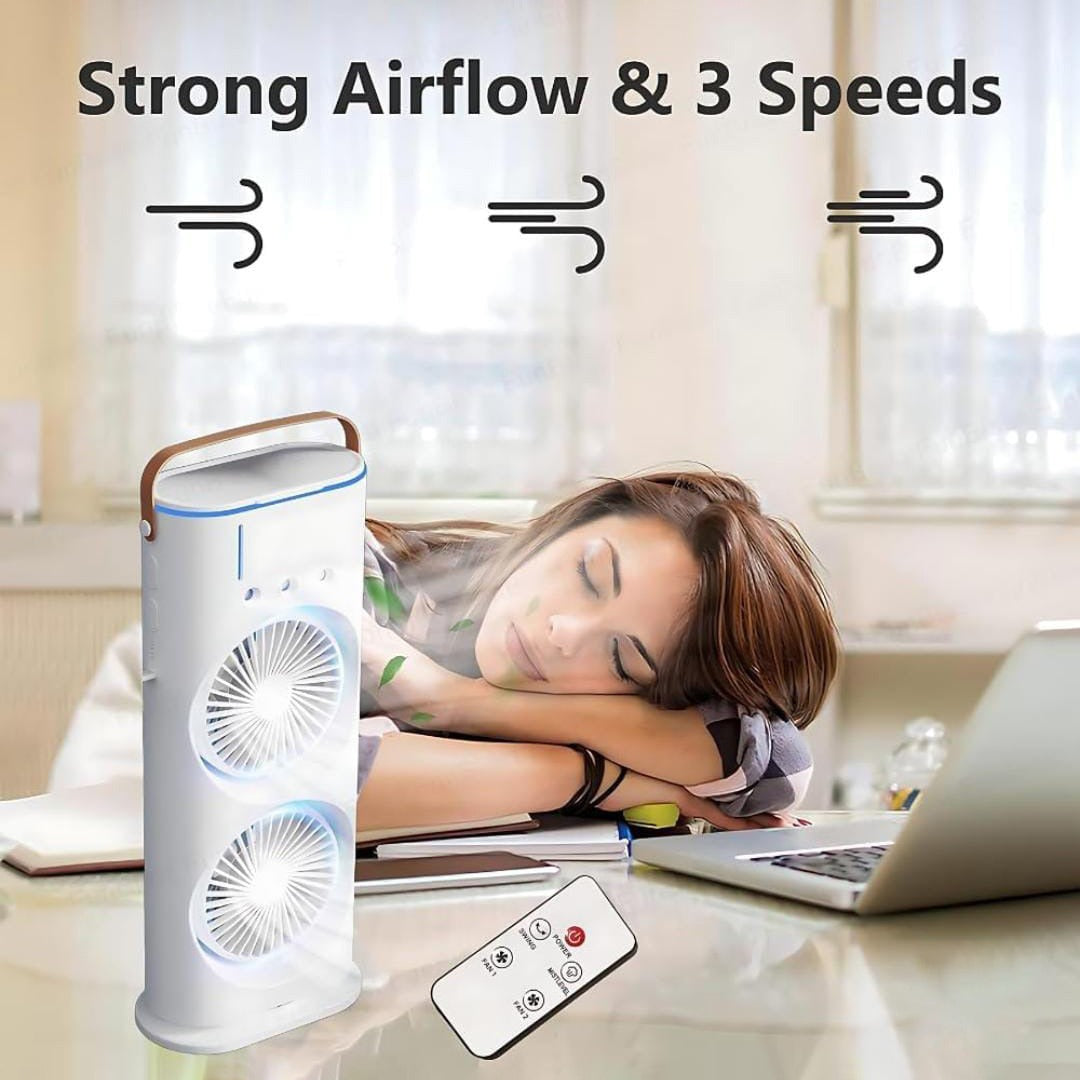 A Women Sleeping Next to the Double Headed Spray Cooling Fan.