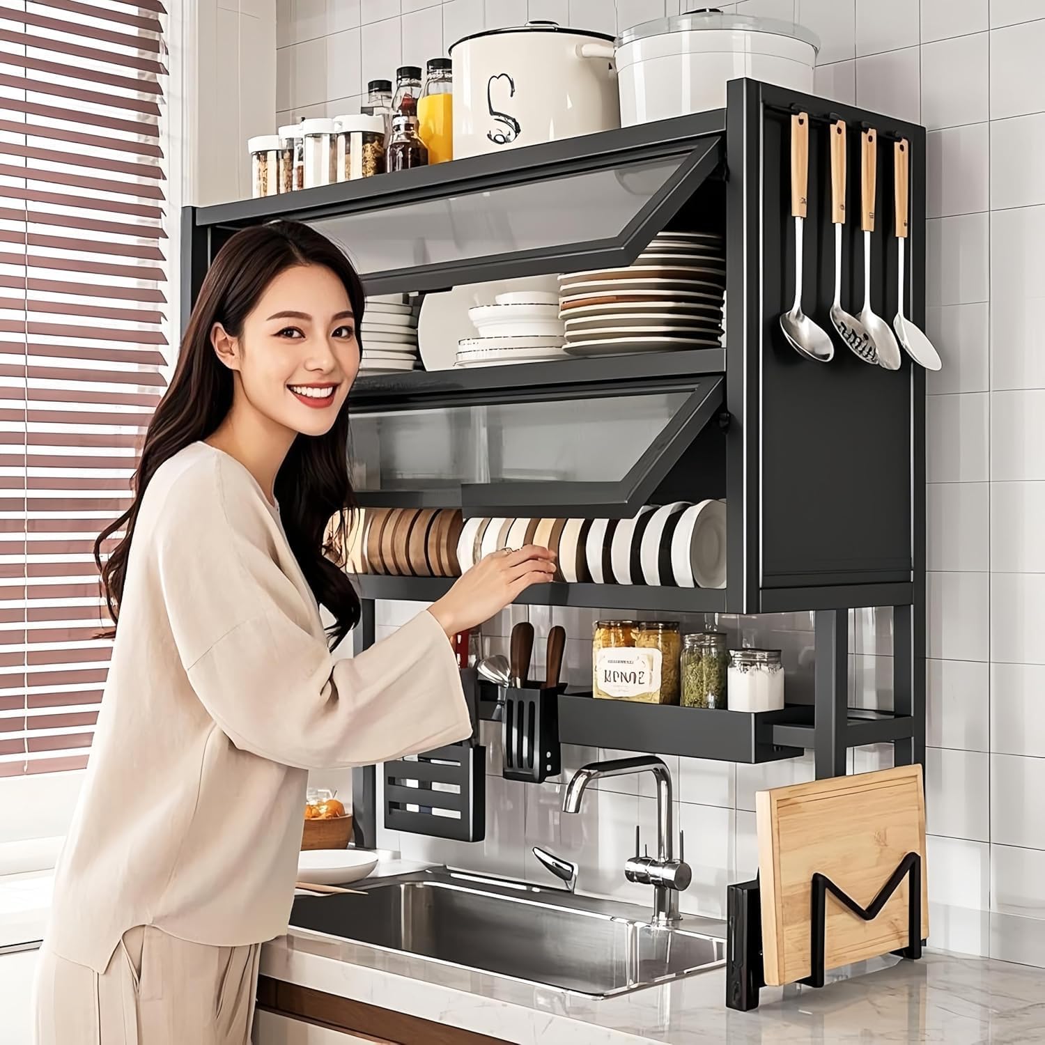 A Woman is Organizing Double Layer Over-Sink Dish Drying Rack with Multiple Kitchen Essentials.