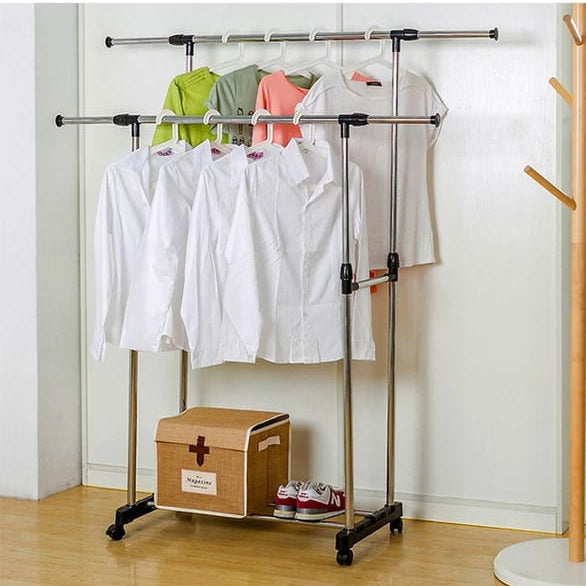 Double Pole Movable Cloth Hanger Organized with Clothes and Carton Box 