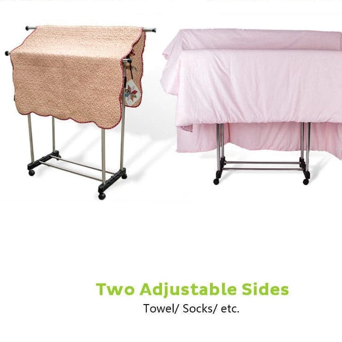 Double Pole Movable Cloth Hanger is Used to Hang Blankets.