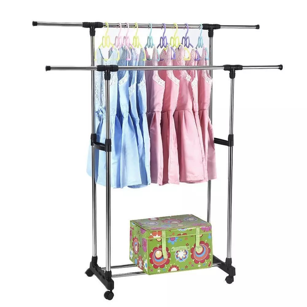 Double Pole Movable Cloth Hanger Organized with Clothes and Carton Box.