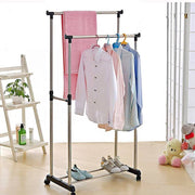 Double Pole Movable Cloth Hanger Organized with Clothes and Shoes.