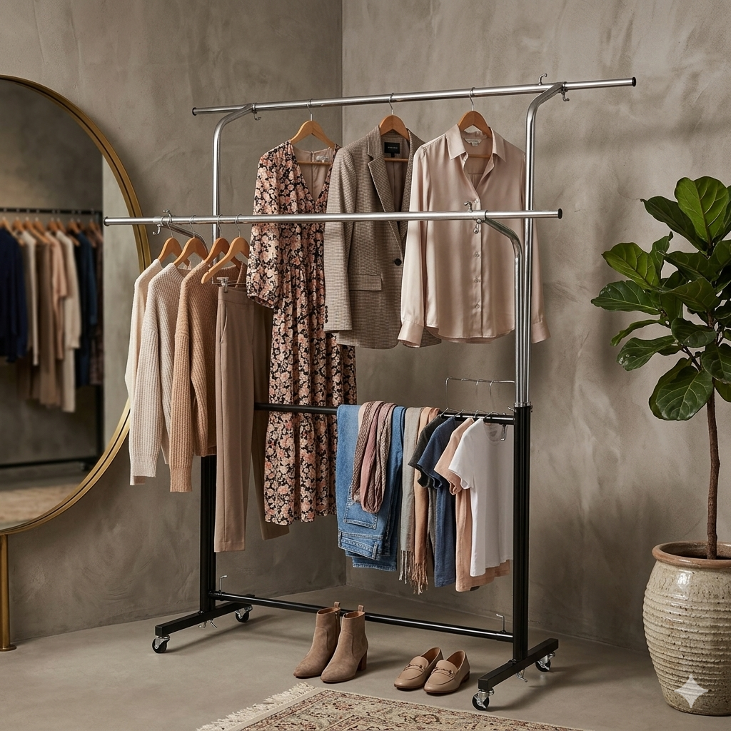 Double Rod Adjustable Garment Rack, Heavy Duty Rolling Clothes Hanging Stand Double Rod Adjustable Garment Rack, Heavy Duty Rolling Clothes Hanging Stand