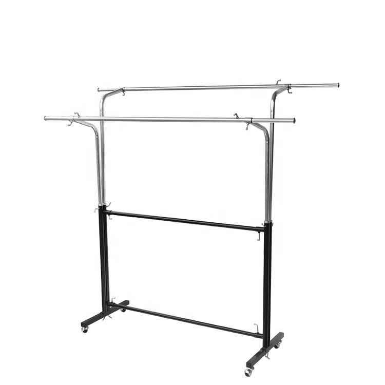 Double-sided garment rack with wheels on a white background