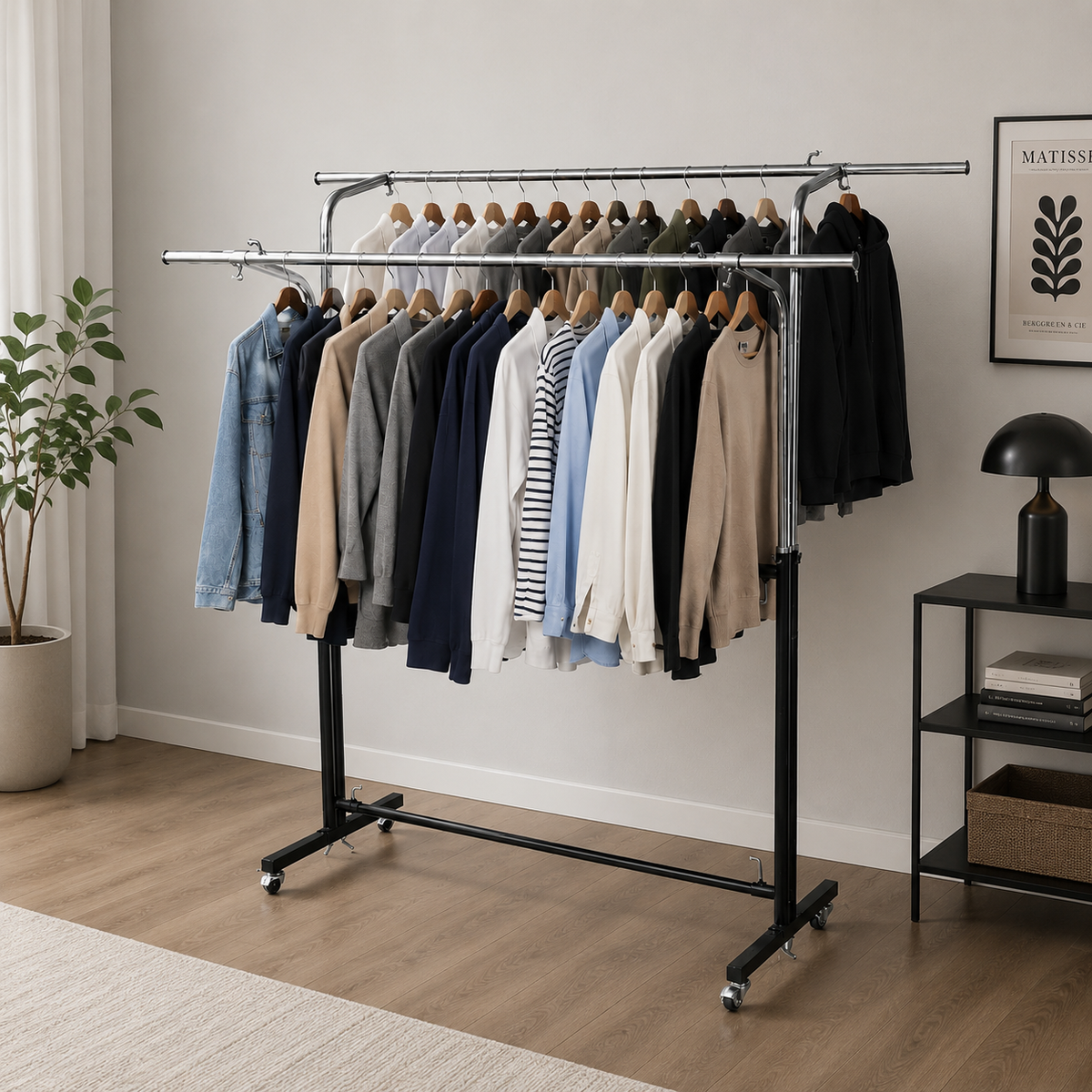 Double Rod Adjustable Garment Rack  with clothes in a room with a plant and shelf.
