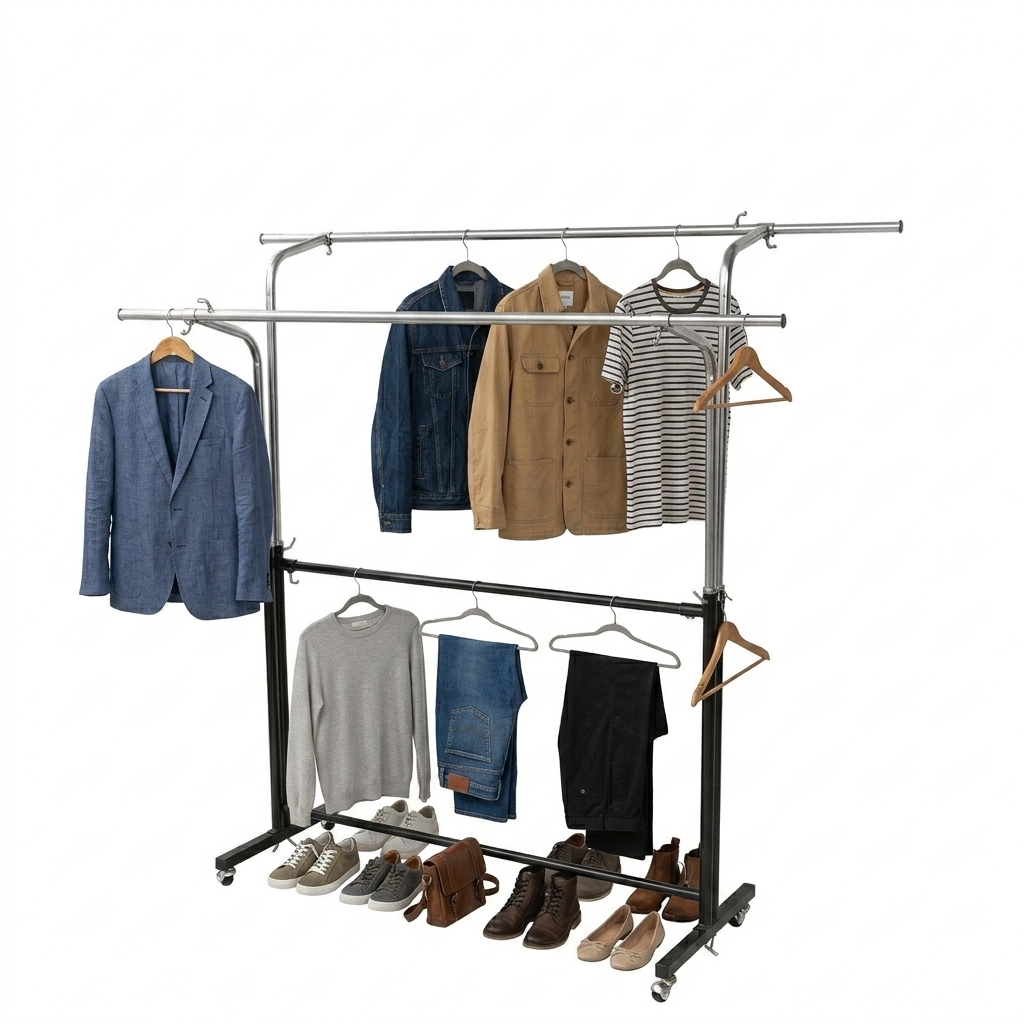 Double Rod Adjustable Garment Rack, Heavy Duty Rolling Clothes Hanging Stand Double Rod Adjustable Garment Rack, Heavy Duty Rolling Clothes Hanging Stand