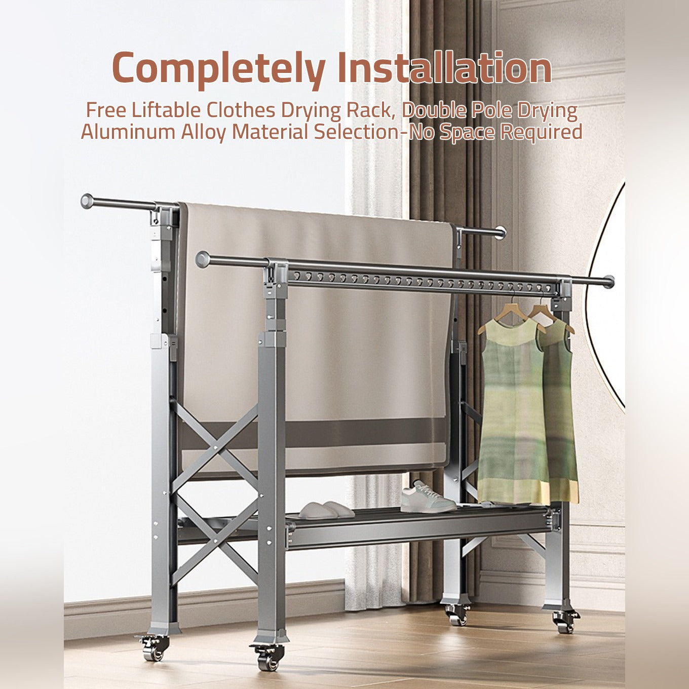 Double Rod Cloth Drying Stand With Cloth and Shoes are Organized.