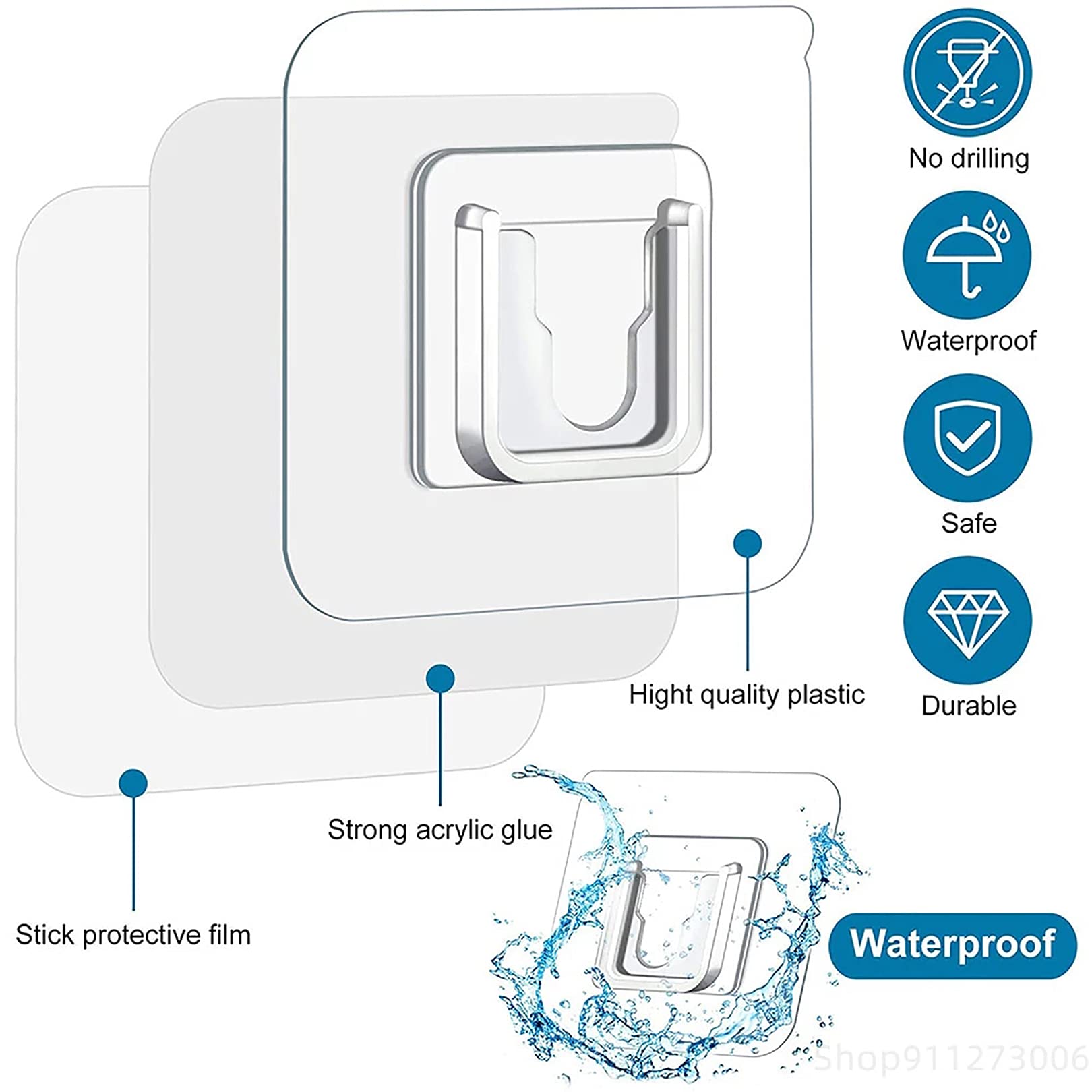 Image shows the features of Double Sided Self Adhesive Wall Hooks.