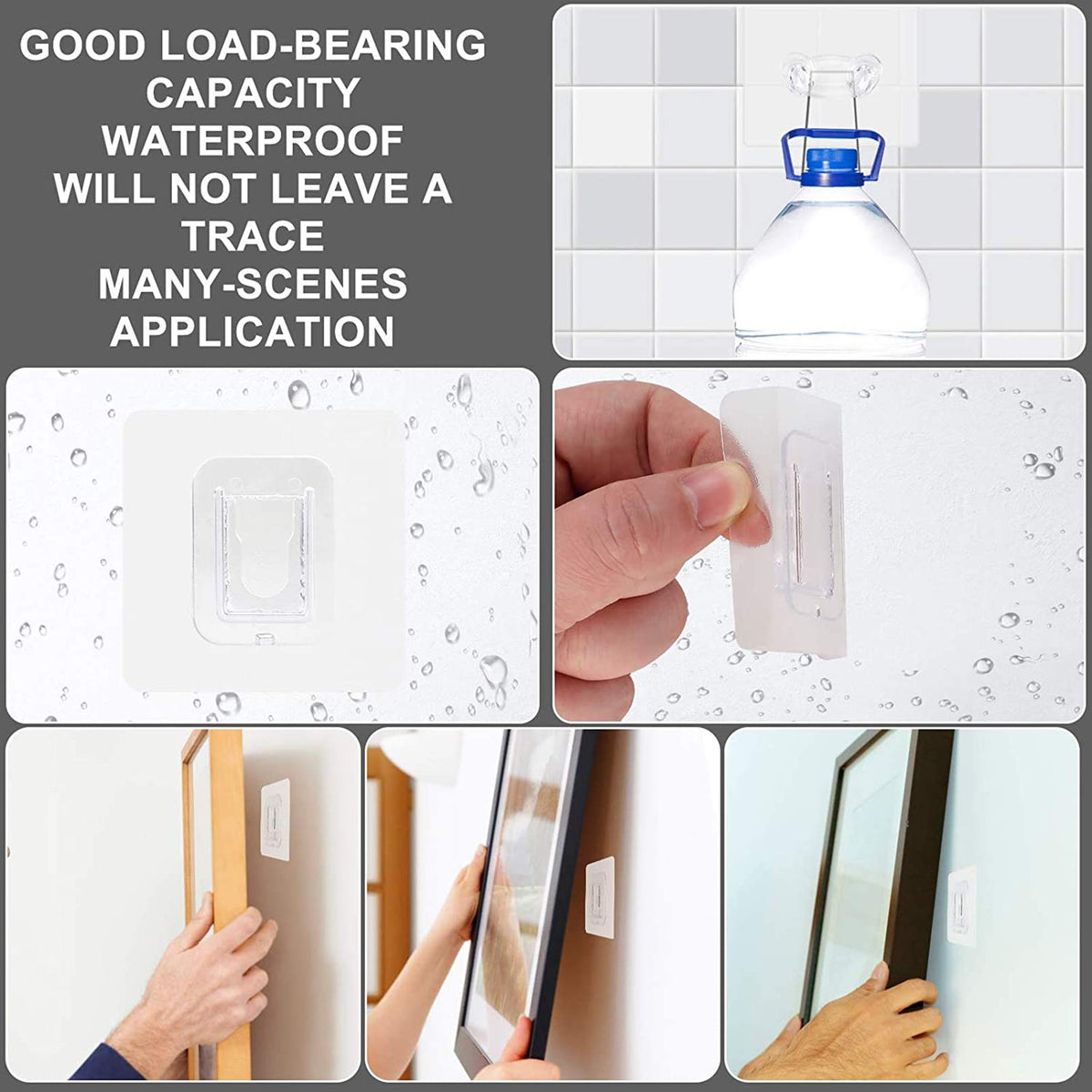 A hand is installing photo frame using Double Sided Self Adhesive Wall Hooks.