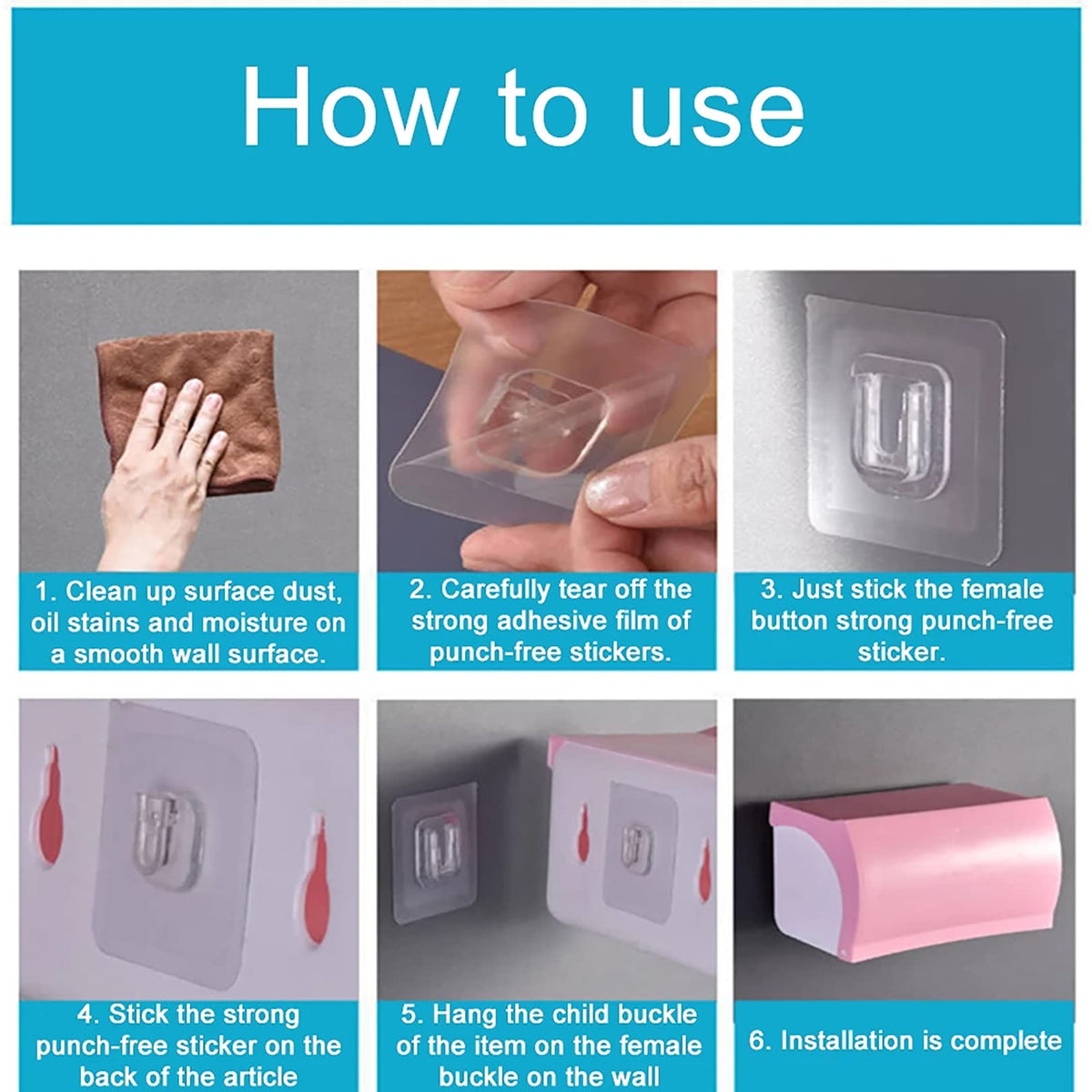A hand is demonstrating the installation of Double Sided Self Adhesive Wall Hooks.