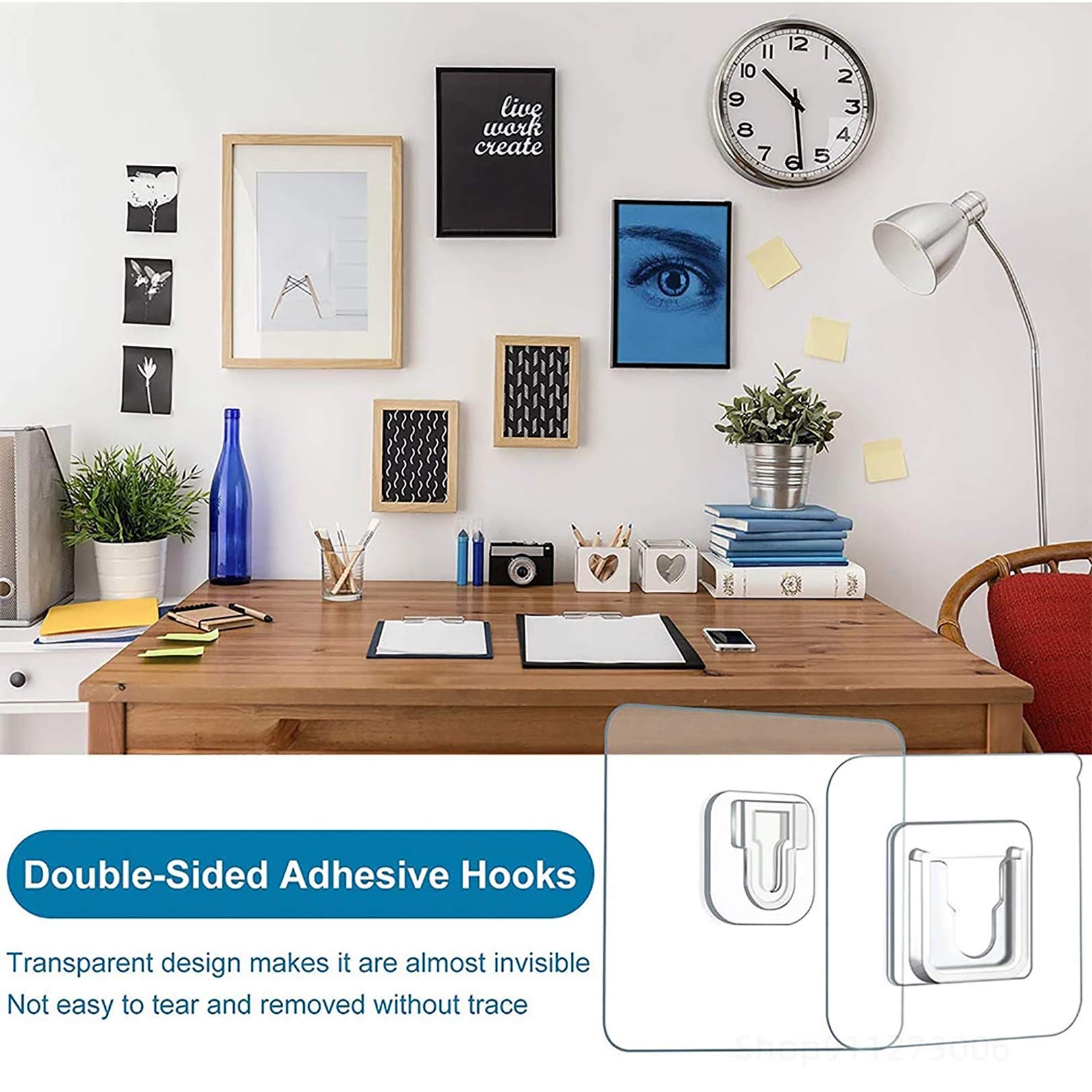 An office setup with frames on the wall installed using Double Sided Self Adhesive Wall Hooks.