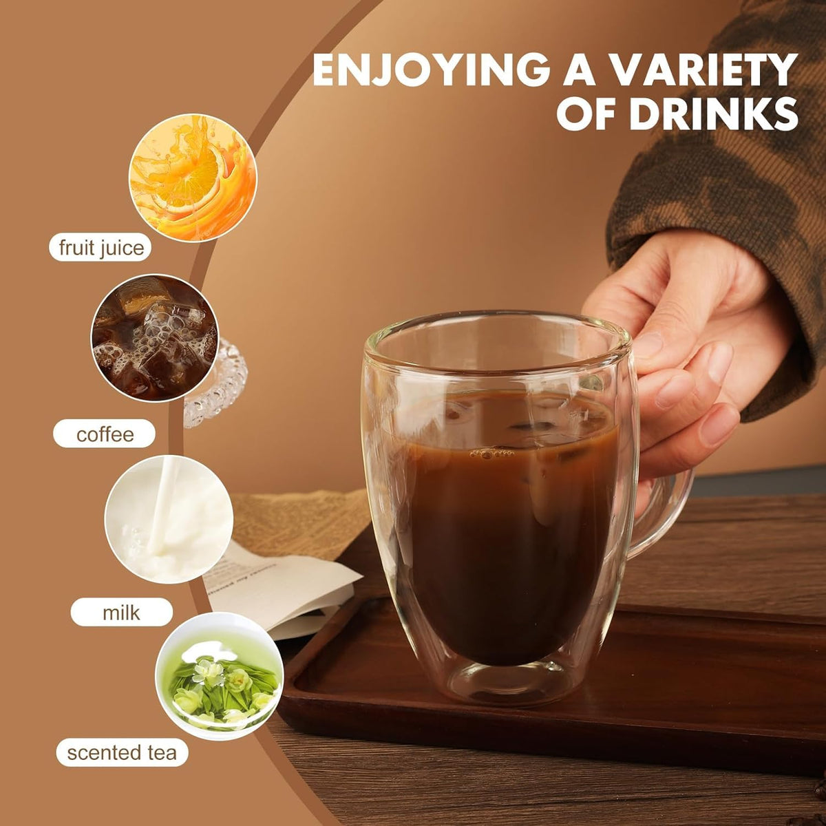 A Person is Holding Double Wall Glass Coffee Mug Having Coffee in it.