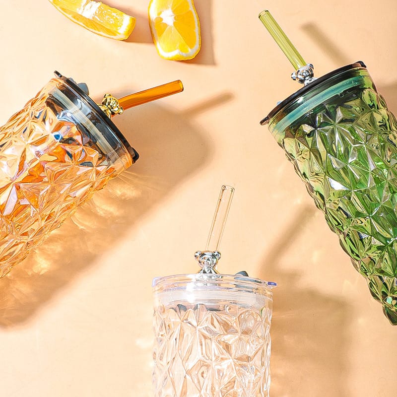Drinking Glass Tumbler With Straw and Lid, Glass Sipper, Bottle Jar For Juice, Beverages, Iced Coffee,Tea